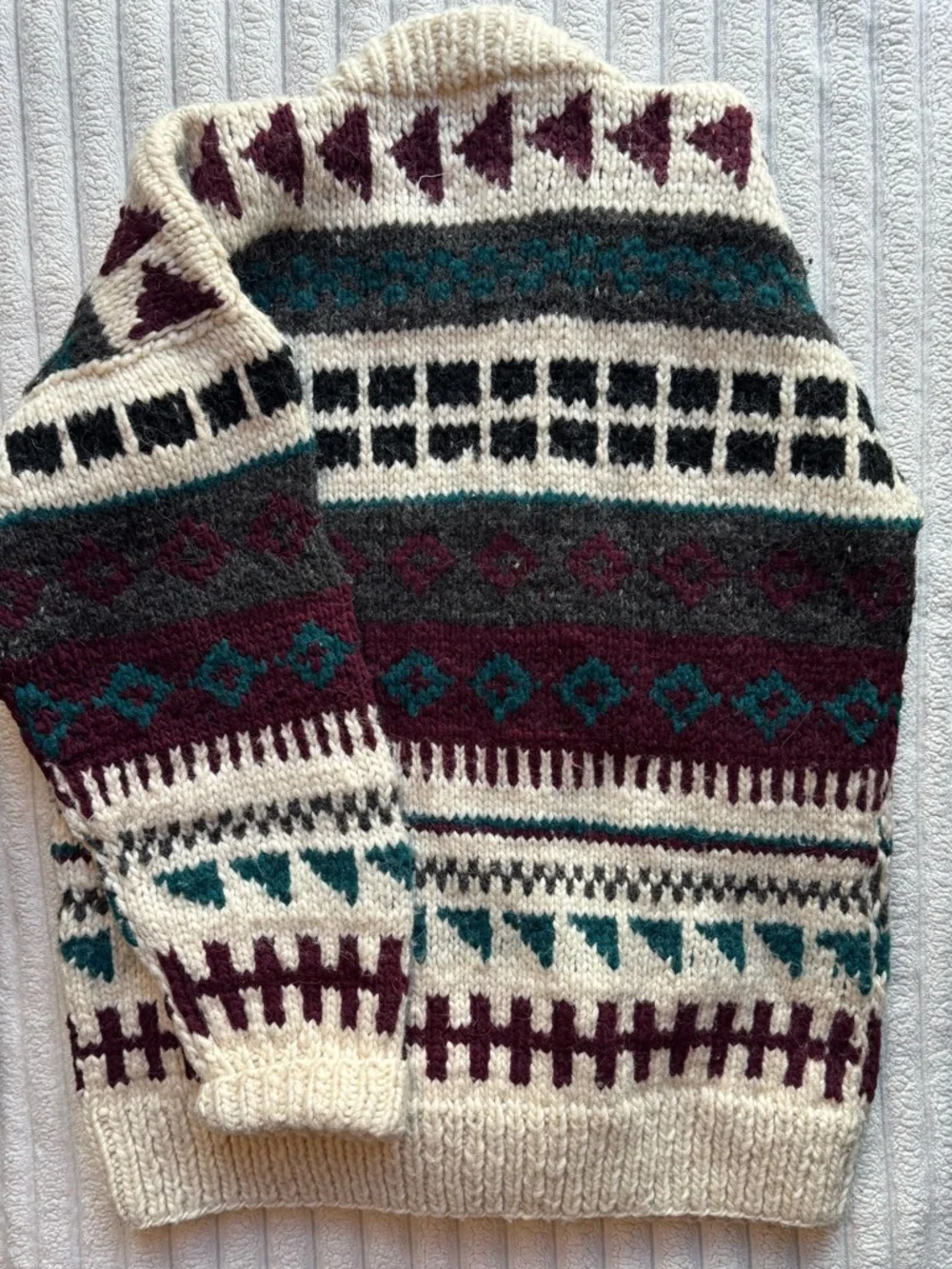 Cozy Fair Isle Cream Cardigan Sweater with Teal & Burgundy Accents - Picture 4 of 4